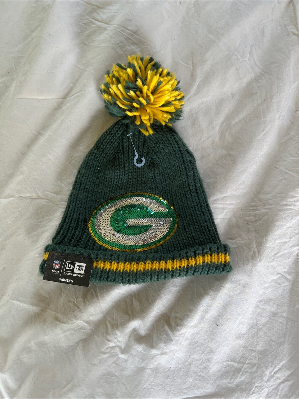 New Era Green and Yellow Pom Knit Beanie with Sequin Logo